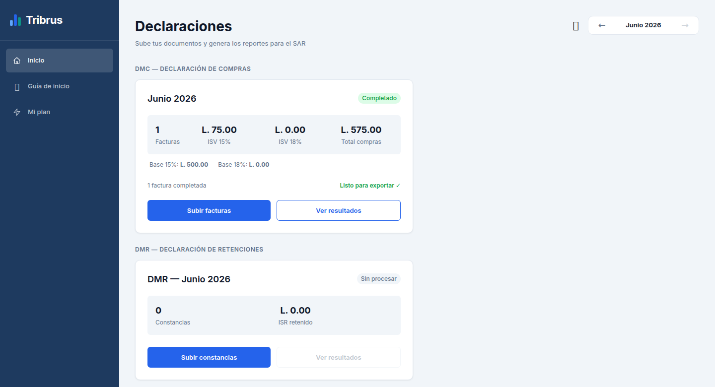 Dashboard de Tribrus mostrando declaraciones de compras del mes